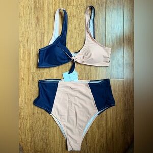 NWT Cupshe pink & navy high waist bikini tie front size XL. 1461